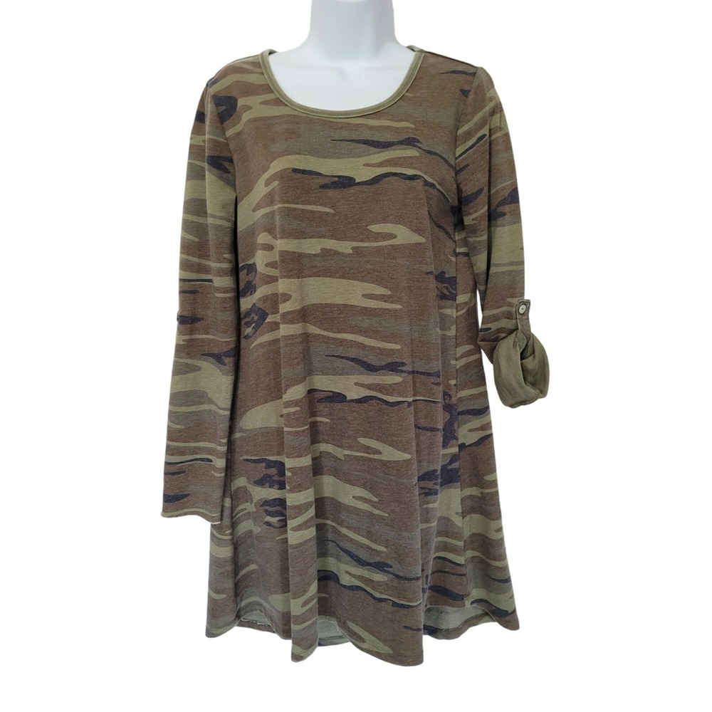 Camo Dress Long Sleeve Tunic Top Roll Tab Sleeves Green Round Neck